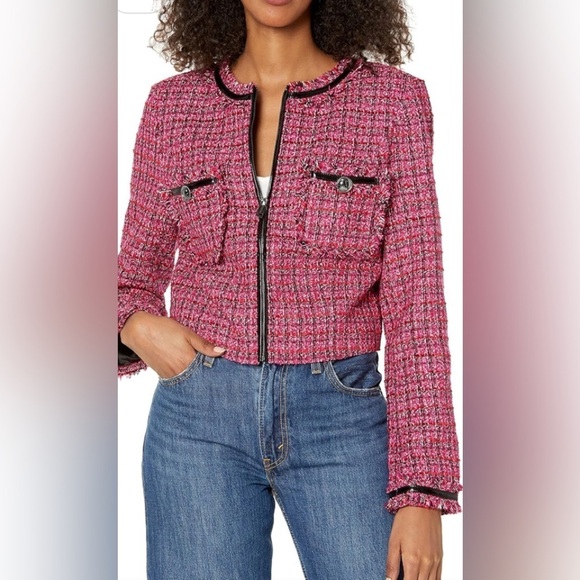Guess Jackets & Blazers - Guess Pink Blazer with Tweed Texture and Structured Silhouette